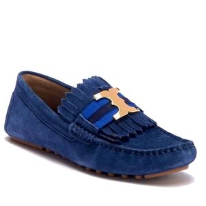 TORY BURCH Blue Suede Loafers Gold Gemini Links